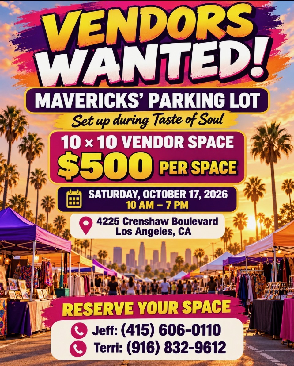 Vendors wanted at Mavericks parking lot: October 17, 2026, 10 AM–7 PM. 10 by 10 vendor space, $500. Call Jeff or Terri to reserve.